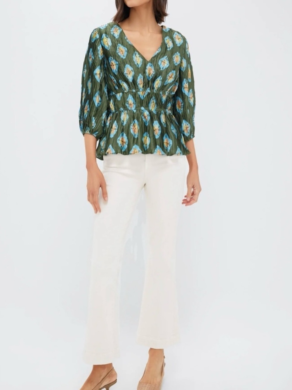Tuckernuck Peplum Maisy Blouse Pintuck Geometric Shirt Blue Green Size Medium